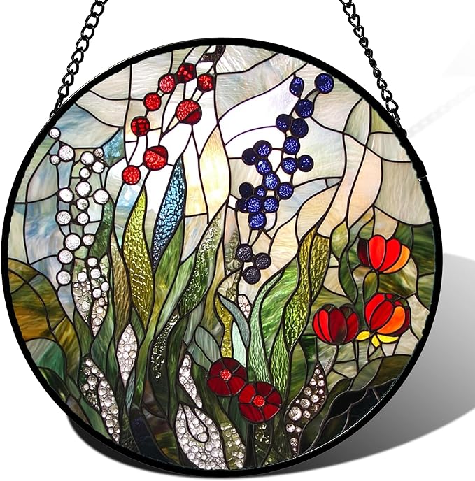 QZQCBLC Stained Glass Window Hanging Red Purple Flowers Berry Green Plants 9.8" - Suncatcher Door Garden Sun Catcher Home Decor Birthday Christmas for Mom Men Woman Friend