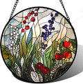 QZQCBLC Stained Glass Window Hanging Red Purple Flowers Berry Green Plants 6.3" - Suncatcher Door Garden Sun Catcher Home Decor Birthday Christmas for Mom Men Woman Friend