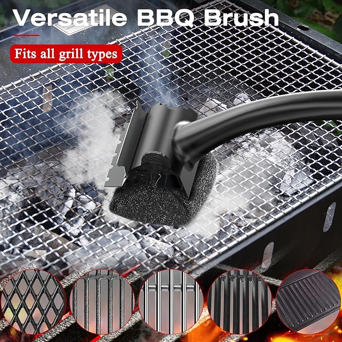 Purgreat Grill Brush for Outdoor BBQ - Replaceable Bristle Free Heading and Reinforced Scraper - Safe BBQ Brushes for Porcelain/Gas/Charcoal/Smoker/Cast Iron Grill - Cleaning Brush(Black)