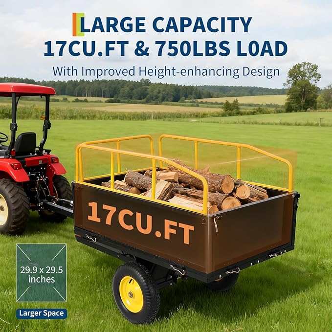 Heavy Duty ATV Trailer Tow Behind Dump Cart, 17 Cu.Ft. 750lbs Capacity, Pull Behind Steel Yard Wagon Dump Trailer for Tractor Lawn Mower Garden