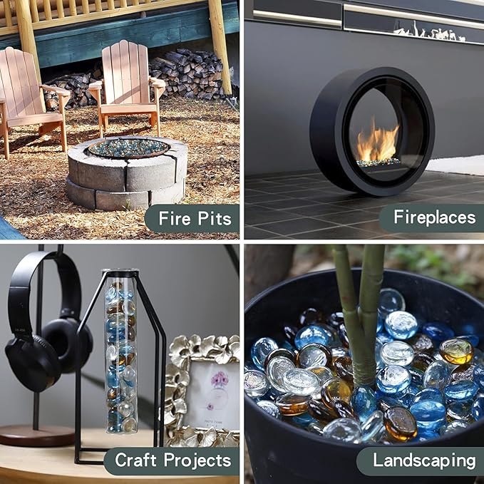 onlyfire 10 Pounds Fire Glass Beads for Propane Fire Pit and Gas Fireplace, 1/2 Inch Round Blended Firepit Glass Rocks Flat Marbles for Fire Pit Table, Caribbean Blue, Crystal Ice and Caramel Luster