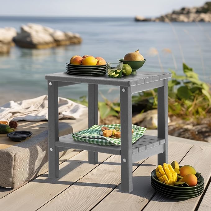 PASAMIC 2-Tier Adirondack Square Outdoor Side Table, HDPE Small Outdoor Table, Patio End Table for Patio, Pool, Backyard, Weather-Resistant (Grey)