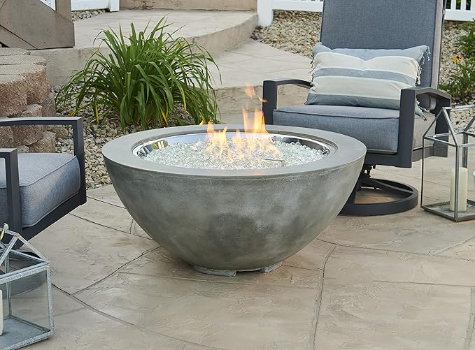 Outdoor GreatRoom Co Propane Fire Pit Table - Cove Gas Fire Pits for Outside Patio - 42 Inch Round Bowl Concrete Firepit Fire Table with Glass Tabletop Cover, Tempered Clear Glass Gems, 105,000 BTU