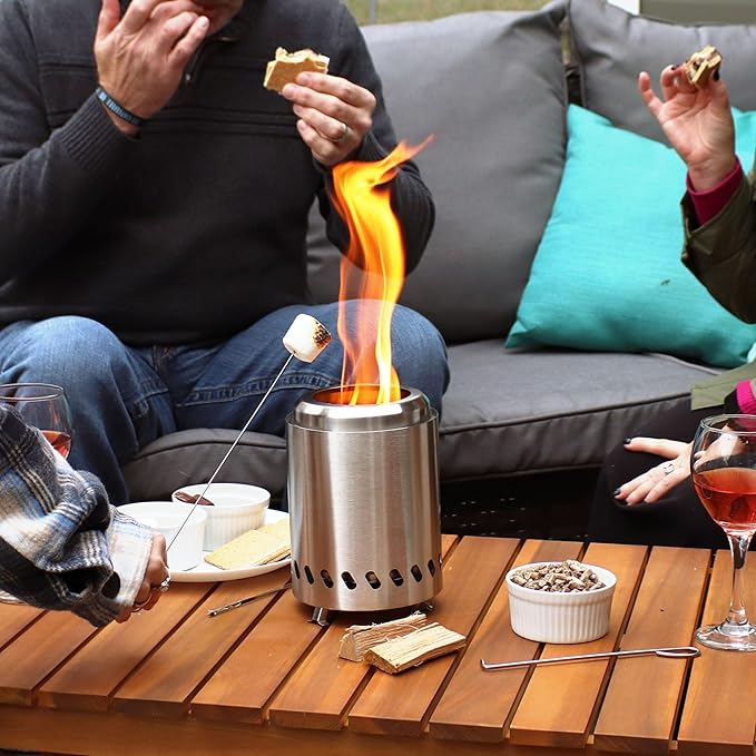 Sunnydaze Tabletop Smokeless Fire Pit with Foldable Legs, Storage Bag, and Poker - Pellet or Wood Burning Portable Fire Pit for Camping - 8-Inch H - Silver