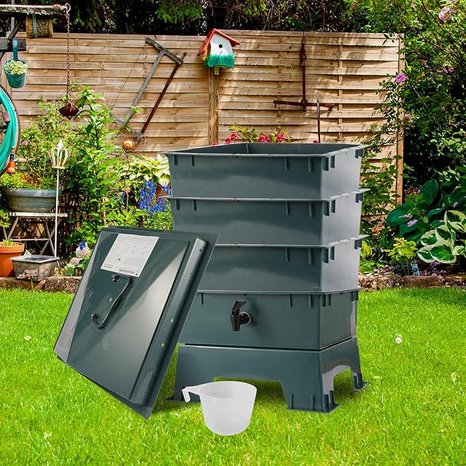 4-Tray Worm Compost Bin, Worm Composter for Outdoor & Indoor, ecocultivatify Wormie's Home, Worm Bin Set for Recycling Household Waste (Dark Green)