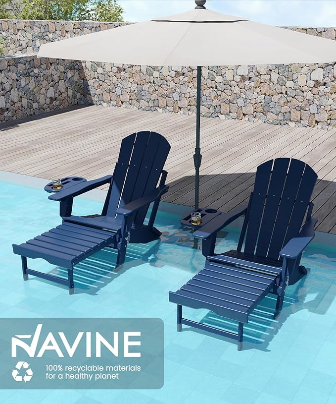 Adjustable Adirondack Chair with Retractable Ottoman Set of 2, HDPE Folding Adirondack Chair with Cup Holder, All Weather Fire Pit Chair for Outdoor.