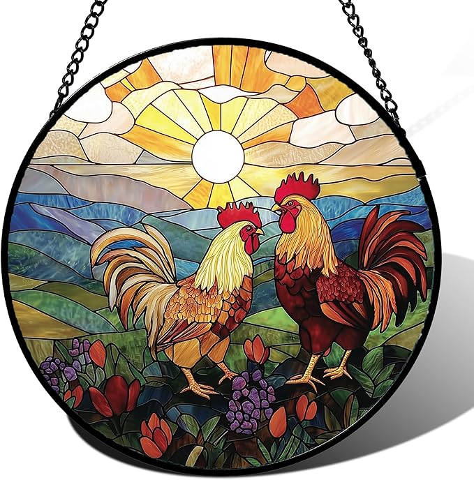 AMDERVEN Stained Glass Window Hanging, Countryside Scenery Chicken Sun Catcher for Door Home Decor Sunrise Suncatcher Christmas Mother's Day Birthday Gifts for Women Men Mom Nana 11.8 in
