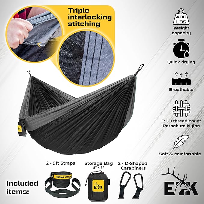 ELK Single Hammock with Tree Straps - Lightweight Parachute Nylon for Outdoor Adventures (Black/Gray, Single)