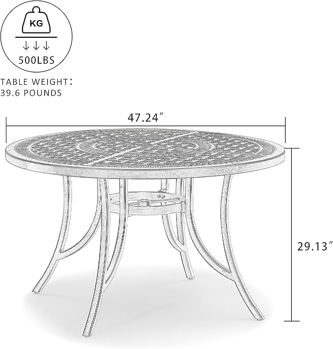 PURPLE LEAF 47" Outdoor Cast Aluminum Round Dining Table with Umbrella Hole Patio Furniture for Backyard Lawn Balcony Deck, Patio Dining Table, Lattice