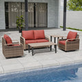 EAGLE PEAK Modern Wicker Outdoor Patio Furniture Set, Patio Conversation Set, 2 Swivel Rocking Chairs, 2-Seat Loveseat, Coffee Table and Side Table, 5 Pieces, Brown/Red