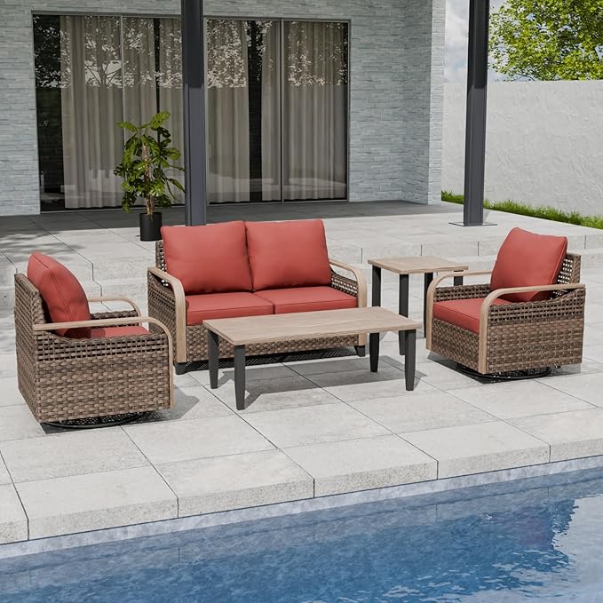 EAGLE PEAK Modern Wicker Outdoor Patio Furniture Set, Patio Conversation Set, 2 Swivel Rocking Chairs, 2-Seat Loveseat, Coffee Table and Side Table, 5 Pieces, Brown/Red