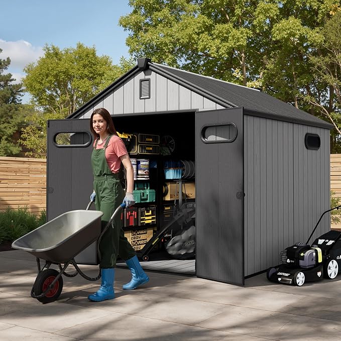 CRESTLIVE 8x10 FT Rust-Resistant Plastic Outdoor Storage Shed, Waterproof Resin Garden Shed with Floor, Doors, Skylight & Vent for Lawn Tools & Bikes