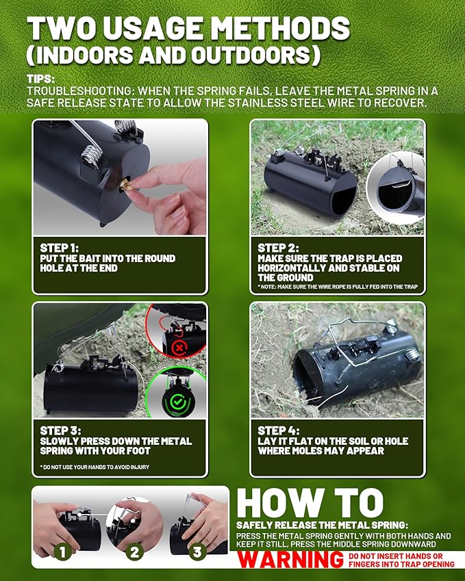 2PCS Gopher Trap, Reusable Mole Trap for Lawns & Gardens, Spring Mechanism for Gophers, Moles, Voles, No Batteries Required, Easy to Set & Reset Efficiency