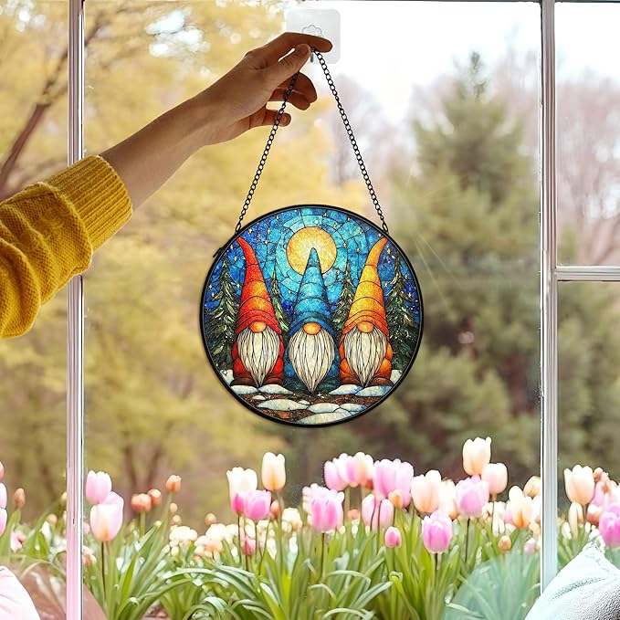 cvjutf Winter Gnome Suncatcher Stained Glass Window Hanging Decor, Xmas Gnomes Christmas Stained Glass Wall Decorations Gifts for Women, Holiday Garden Sun Catchers Indoor Window Wall Art, 7.9x7.9In