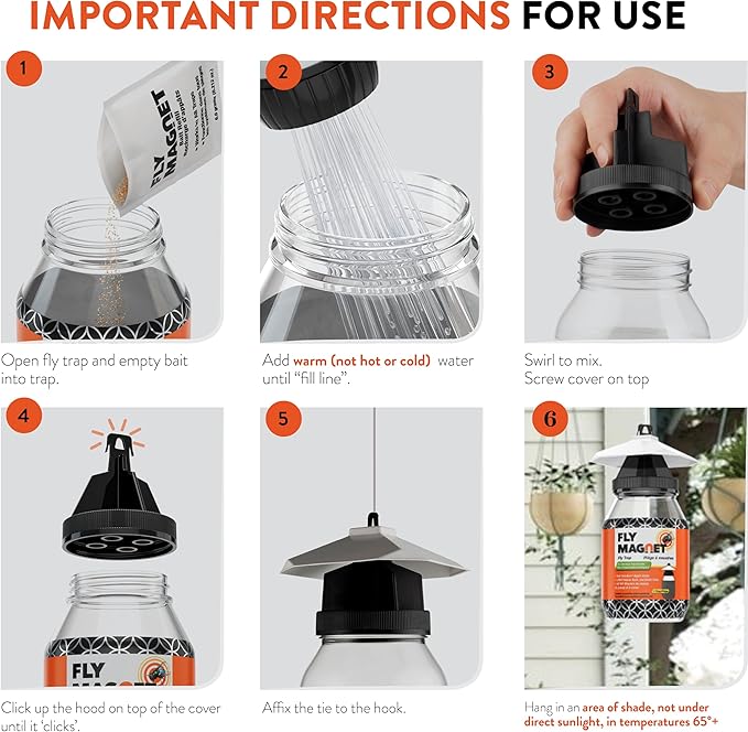 Outdoor Fly Trap Fly Traps with Dissolvable Non-Toxic Bait - Fly Repellent for Outdoor Use Only - Controls Flies for Patios, Barns, Ranches Etc. Hanging Fly Traps with Tie Included