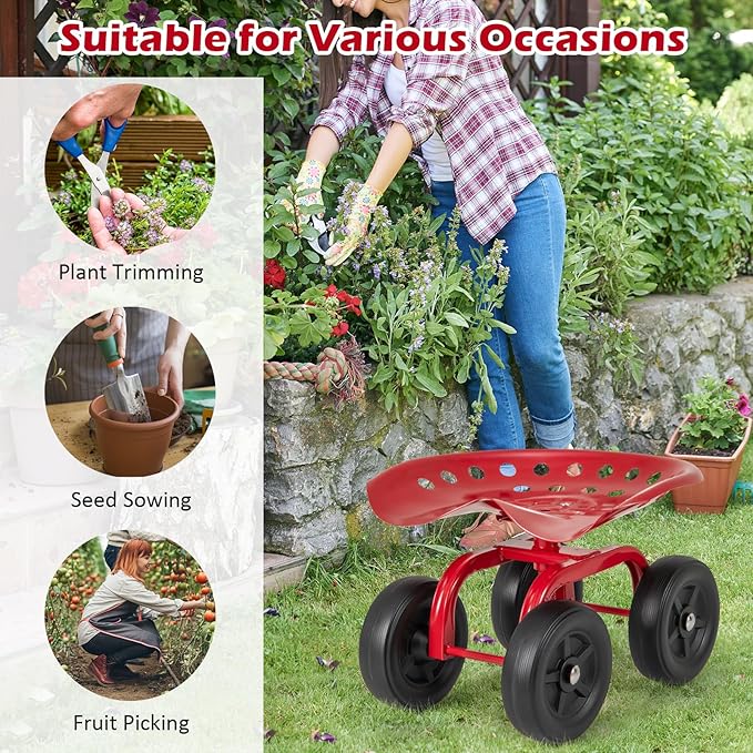Goplus Garden Cart with Wheels, Utility Stool Cart w/Adjustable 360 Degree Swivel Seat, Outdoor Lawn Yard Rolling Work Seat, Garden Scooter for Planting (Red)