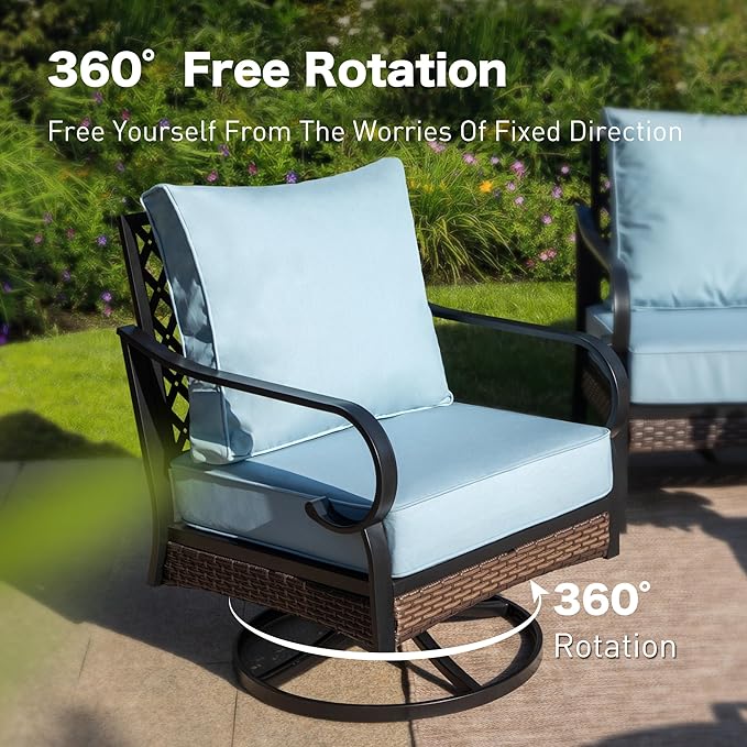 SUNSHINE VALLEY 4 PCS Metal Outdoor Patio Furniture Set, Patio Conversation Sets 1 3-Seater Sofa, 2 Swivel Chairs with 5.75" Extra Thick Cushion & Coffee Table, Black Frame Backyard Furniture, Blue