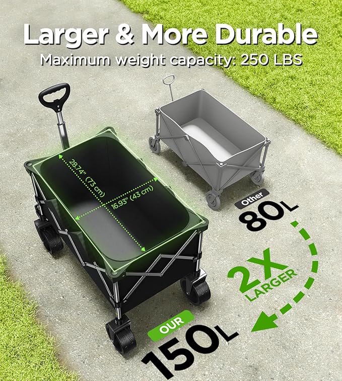 Collapsible Folding Wagon Cart with Large Wheels & 150L Capacity | Heavy-Duty Foldable Utility Wagon for Groceries, Camping, Beach, Sports & Garden Use | Compact Storage, No-Tool Setup-Black