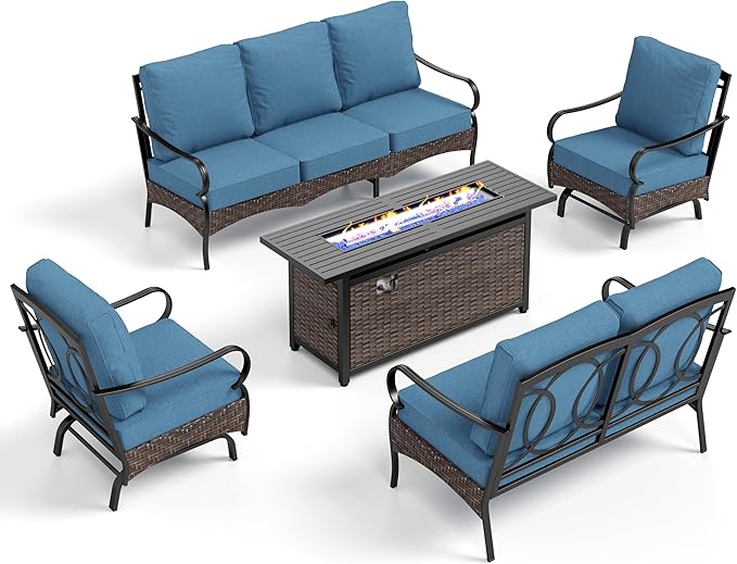 Patio Furniture Set with 56" Fire Pit Table, Premium Outdoor Wicker Metal Frame Furniture with Upgraded Waterproof Thick Cushions for Porch, Poolside, Deck, and Yard