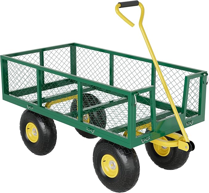 500 Lbs Garden Wagon, 2-in-1 Heavy-Duty Steel Garden Cart, with 10 Inch All-Terrain Tires and Removable Mesh Side Panels, 180° Rotating Handle, Metal Utility Yard Trailer, Outdoor Gardens Wagon Cart