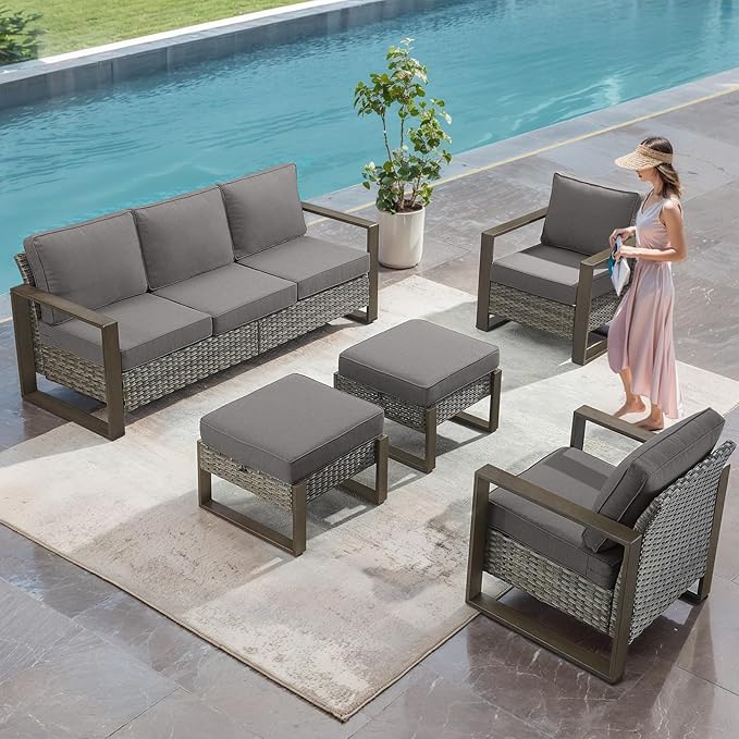 Belord Patio Wicker Chairs Set of 2-350 LBS Weight Capacity Wicker Outdoor Club Chair Set with Metal Wide Armrests for Porch Deck Sunroom Backyard