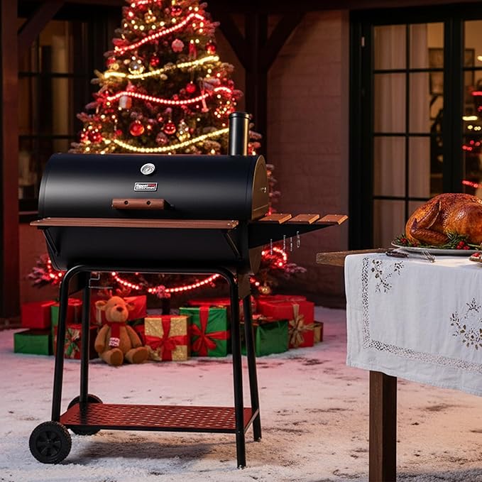 Royal Gourmet CC1830V 30 Barrel Charcoal Grill with Wood-Painted Side Front Table, 627 Square Inches Cooking Space, for Outdoor Backyard, Patio and Parties, Black