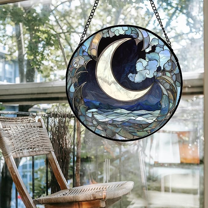 JOSUMALY Stained Glass Window Hanging - Abstract Sea of Clouds Moon Sun Catcher for Door Terrace Garden Home Decor, Gray Blue Suncatcher Birthday Gifts for Lovers Women Men Dad Mom Nana 11.8 in