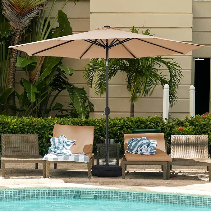 Sundale Outdoor Olefin 5-Year-Non-Fading Patio Umbrella with Sand Bag Umbrella Base, Outdoor Umbrella with Tilt and Crank