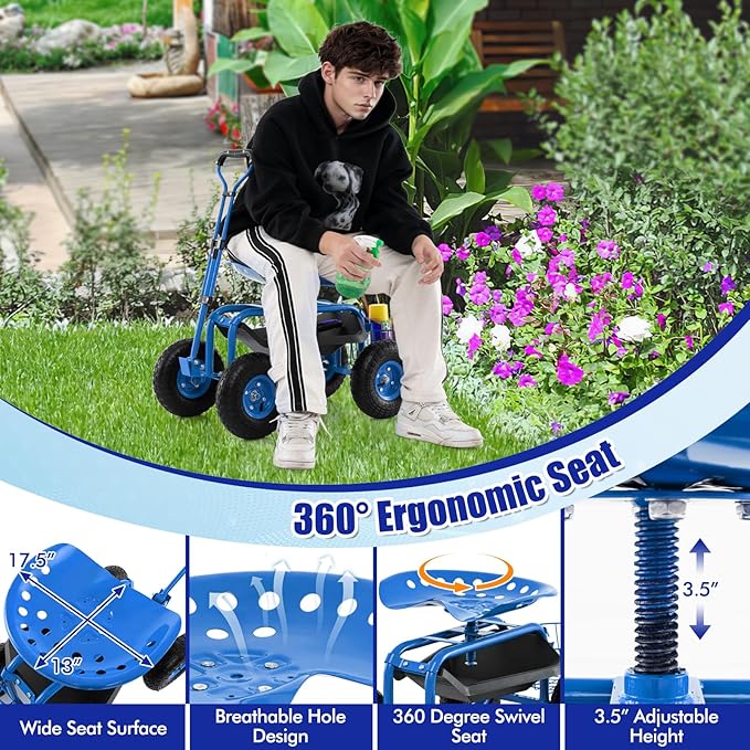 Goplus Rolling Garden Cart with Seat, Outdoor Garden Stool with Wheels, Tool Tray & Basket, Adjustable Steering Handle, 360 Degree Swivel Seat for Planting, Gardening Scooter for Lawn, Yard, Patio
