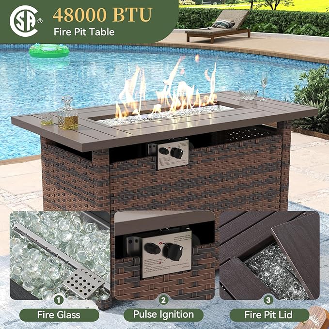 Aoxun 44" Propane Fire Pit Table– 48,000 BTU Outdoor Gas Fire Pits with Removable Lid & Waterproof Cover, Fire Glass Rectangle Gas Firepit Table for Outside Patio Black