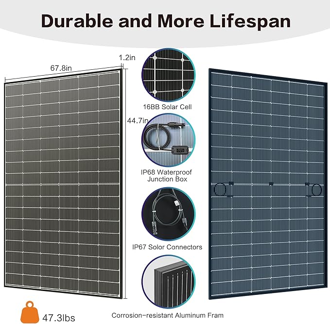 JJN Bifacial 400 Watt Solar Panel, N-Type 16BB 400W Solar Panels, 25% High Efficiency Monocrystalline Solar Module for 12V/24V/48V PV System for Homes Rooftop Farm RV and Off-Grid Applications