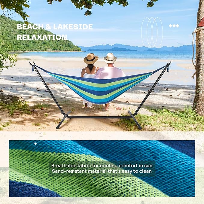 NEWBULIG Double Hammock with Stand, Heavy Duty Portable Hammocks for Outdoor Indoor Patio Camping, Space Saving Design & Carry Bag, Easy Assembly, 450lb Weight Capacity, Blue & Green