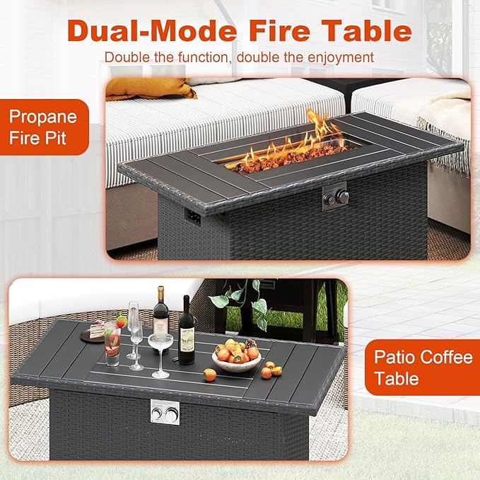Tangkula 44.5 Inch Propane Fire Pit Table, Outdoor Rattan Gas Firepit with Metal Slatted Tabletop & Stainless Steel Burner, Rectangle Fire Pit with Lava Rocks & Protective Cover for Outside Patio