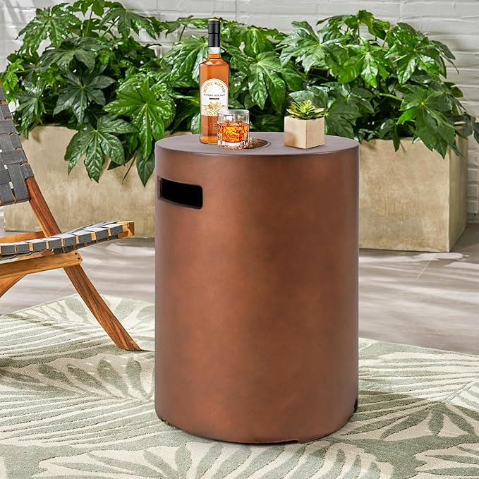 Propane Tank Cover Table Round, Outdoor Tank Covers Propane Storage Box 20 LB Modern Cover Tables with Side Handle, Concrete Hideaway Holder for Patio Backyard Deck (Dark Bronze)