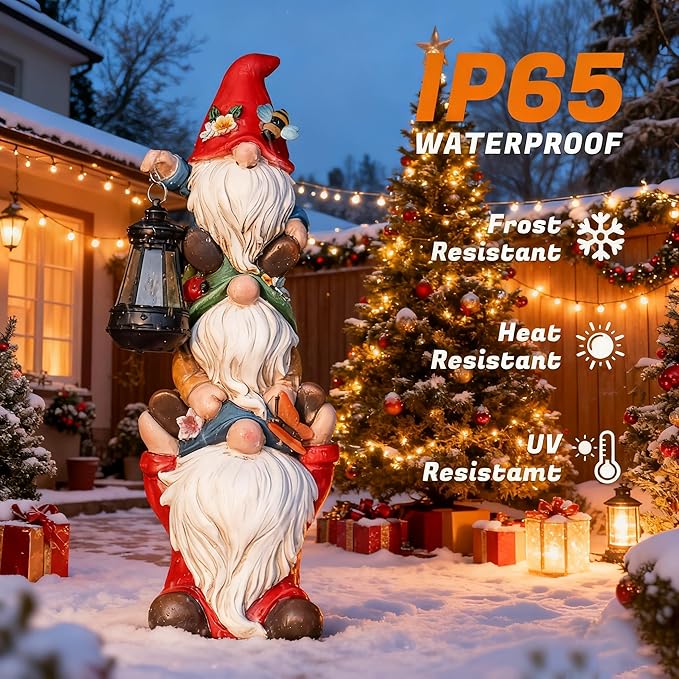 twinbling 17 in Large Garden Gnome Statue with Solar Lights Sculptures Funny Triple Big Gnome Outdoor Patio Lawn Yard Balcony Garden Home Decor Gifts for Women Mom