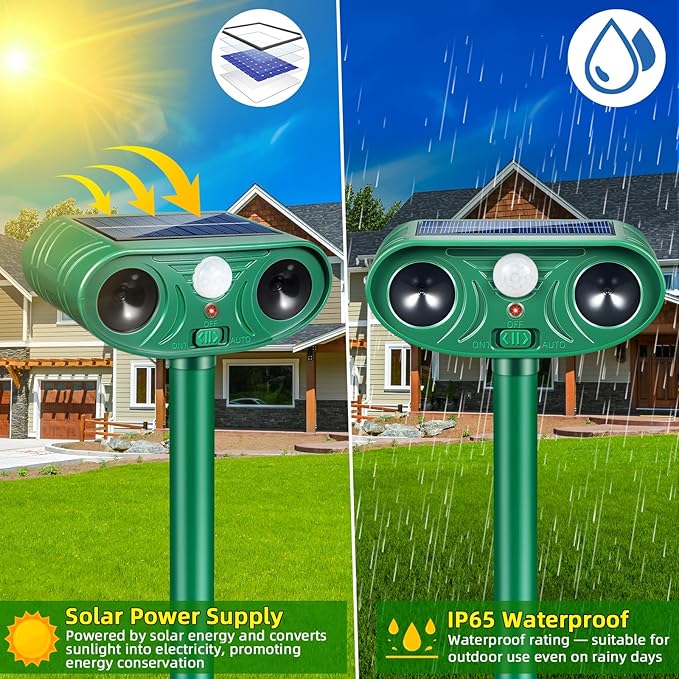 2 Pack Solar Ultrasonic Animal Repeller Outdoor with Motion Sensor Deer Repellent Devices for Squirrel Repellent Cat Rabbit Skunk Coyote Raccoon Repellent Outdoor Fox Deterrent for Yard