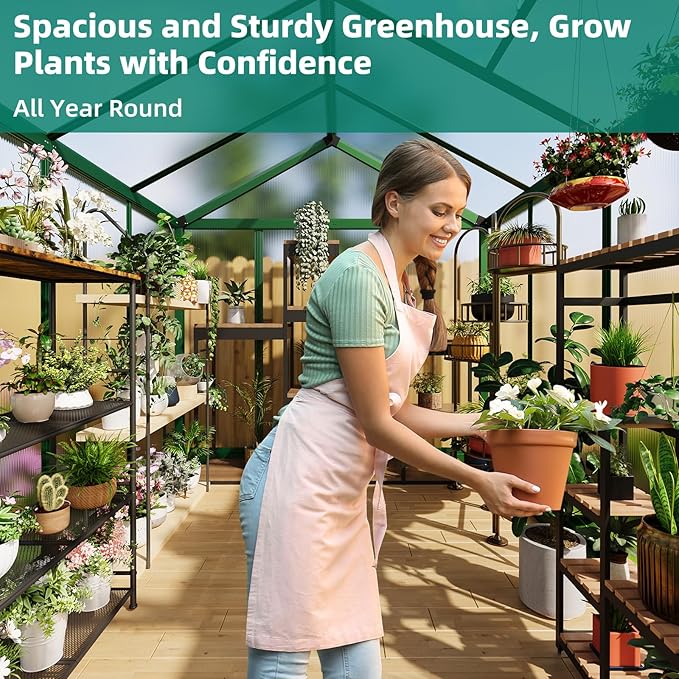 6x8FT Walk in Greenhouse with Reinforced Aluminum Alloy Frame & Snap in Polycarbonate Panels, Adjustable Roof Vent & Rainwater Gutter for Year Round Plant Growth in Garden, Patio, Backyard