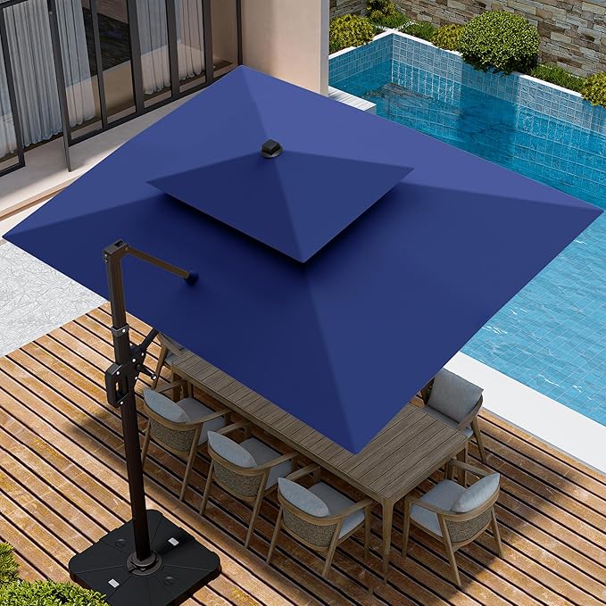 9' X 12' Cantilever Patio Umbrella Double Top Rectangular Outdoor Large Offset Umbrellas with 7 Tilts Adjustable 360°Rotation for Deck Pool Garden Backyard, Navy