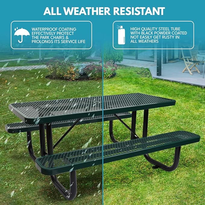 Phyfalip 6 ft. Rectangular Outdoor Steel Picnic Table with Umbrella Pole, Heavy-Duty Weather-Resistant Dining Table for Patio, Backyard, and Garden, Rust-Resistant Finish, Green