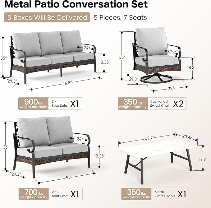 SUNSHINE VALLEY 5 Piece Metal Outdoor Patio Furniture Set, Patio Conversation Sets 1 3-Seater Sofa, 2-Seater Sofa, 2 Swivel Sofa with 5.75" Cushion & Coffee Table Black Backyard Furniture, Light Gray