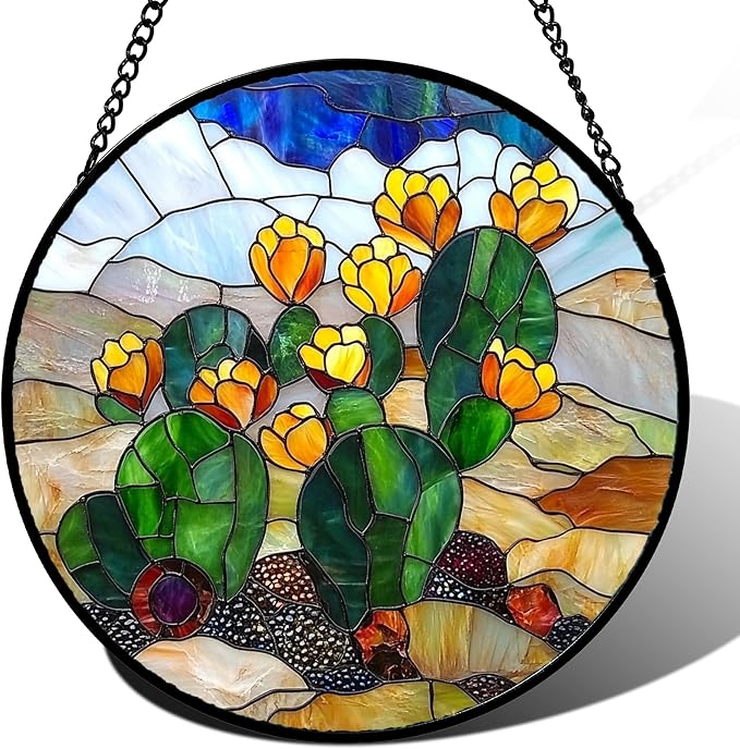 QZQCBLC Stained Glass Window Hanging Green Cactus with Yellow Flowers 6.3" - Suncatcher Door Garden Sun Catcher Home Decor Birthday Christmas for Woman Nana Friend Men Kids