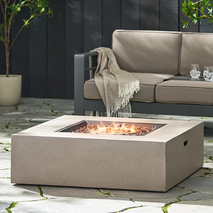 Merax 40-inch Modern Square MGO Propane Fire Pit Table, 50,000 BTU Outdoor Patio Heater with Exterior Tank Hookup, Concrete Firepit, Light Grey