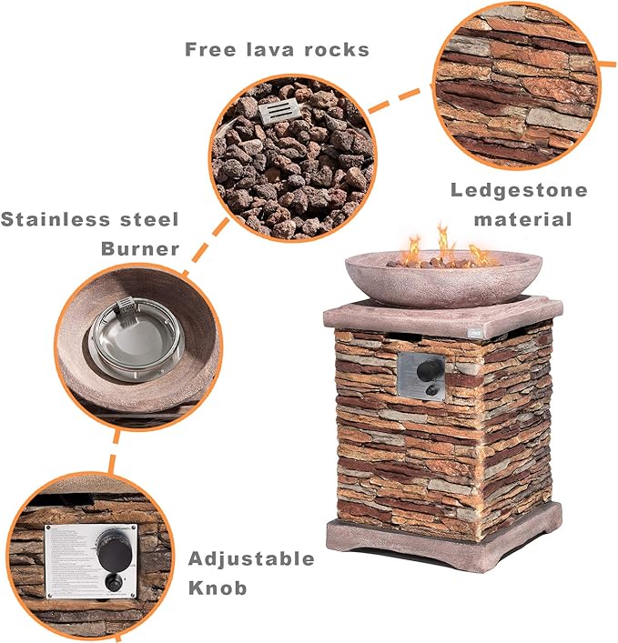 COSIEST Outdoor Propane Fire Pit Table w Faux Brown Compact Ledge Stone 20" Square Base and Faux Rose-Marble Round Bowl, Certified, 40,000 BTU, Free Lava Rocks, Fits 20lb Tank Inside, Raincover