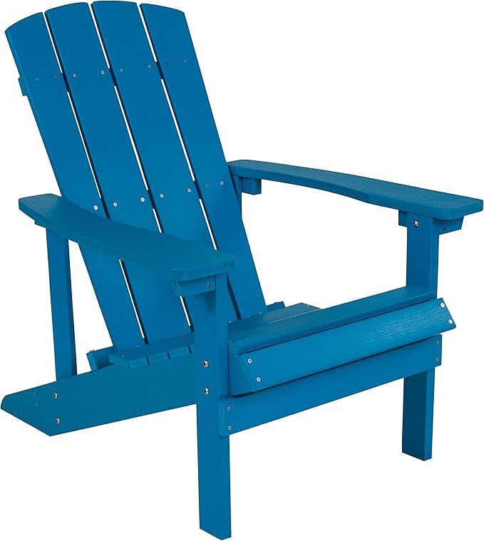 EMMA + OLIVER Campfire Set - Two Blue Poly Resin Adirondack Chairs - 29" Star and Moon Fire Pit with Mesh Cover - Weather Resistant - Wood Burning Fire Pit
