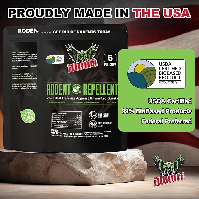 Extra-Strength Mouse Repellent Deterrent Pouches, USDA 99% Biobased, Peppermint & Rosemary Oils Repel Mice Nesting in Car, RV, Boat, Garage, Shed, Cabin Made in The USA (24 Pack)