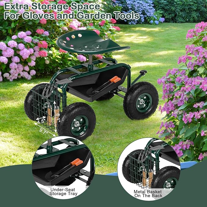 Outvita Garden Cart Gardening Workseat w/Wheels, Rolling Work Seat with Adjustable 360 Degree Swivel Seat, Basket and Tool Tray, Patio Wagon Scooter for Lawn Yard Outdoor Planting（Green）
