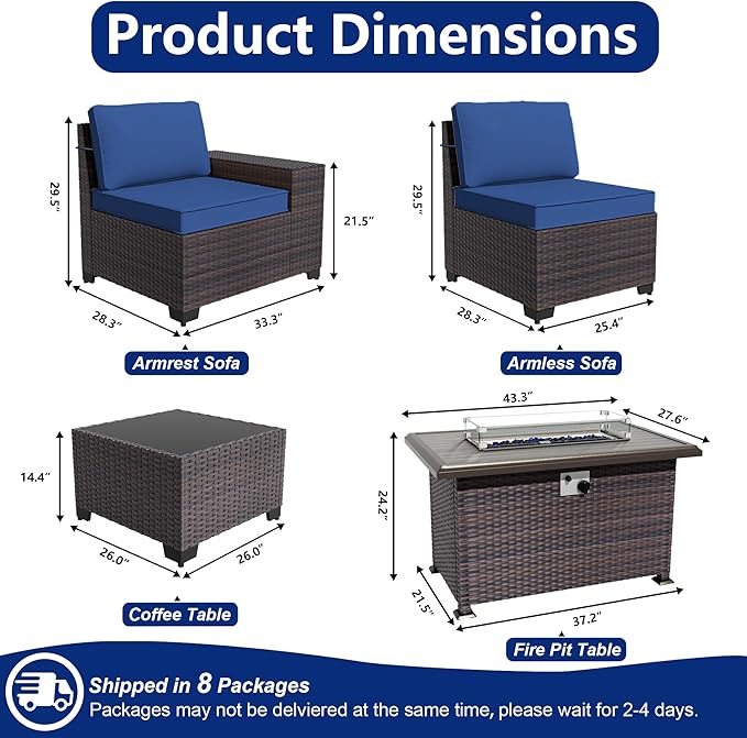 Outdoor Patio Furniture Set with Gas Fire Pit Table, 13 Pieces Patio Sectional Sofa w/43in Propane Fire Pit, PE Wicker Rattan Patio Conversation Set - Blue.