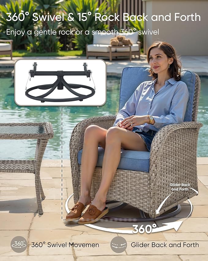 HUMMUH 6 Pieces Patio Furniture Set-Patio Glider Loveseat with Rattan Outdoor Swivel Chairs Outdoor Conversation Furniture Sets for Deck Lawn Porch Balcony Poolside-Grey/Blue