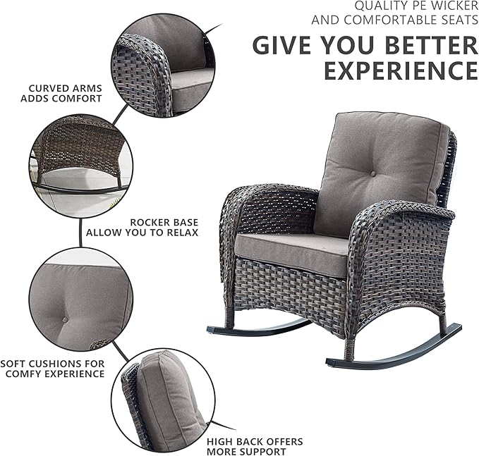 Belord Patio Wicker Furniture with Rocking Chairs Loveseat, 5 Piece Rattan Furniture Outdoor Table and Rocking Chairs Set for Patio Deck Porch Backyard Brwon/Grey