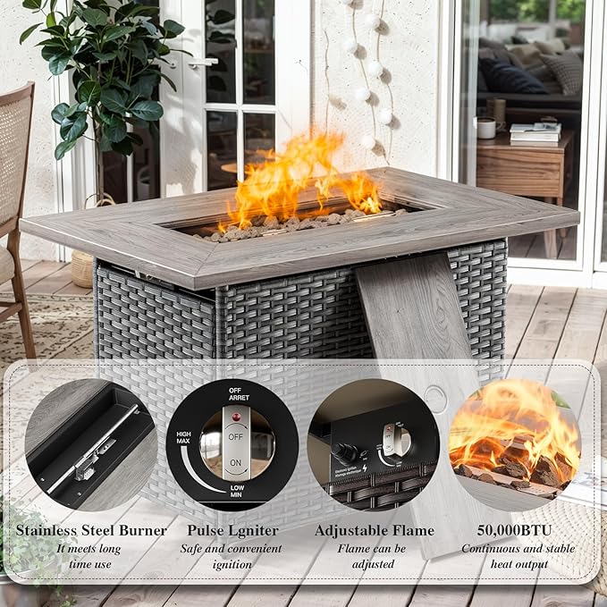 HUMMUH Patio Furniture Set with Fire Pit Table 6-Piece Wicker Outdoor Swivel Rocker Patio Chairs Loveseat Conversation Set for Porch, Backyard, Deck